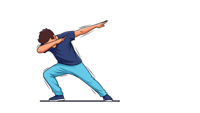 Young man in a blue t-shirt and light blue pants performing the popular dab dance move isolated on a white background.