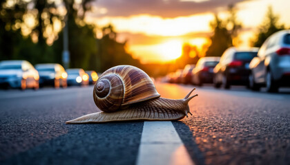 Fototapeta premium Snail on Racing Track with Slow Speed Concept for Humor Illustrations and Patience Metaphors | Funny Contrast Concept