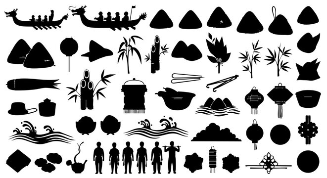 A comprehensive collection of traditional dragon boat festival silhouette icons and holiday elements