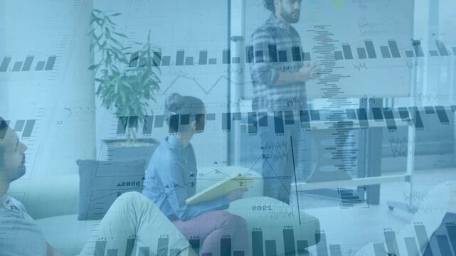 Data overlay appearing, man in plaid explaining data at board in office, woman noting yellow folder