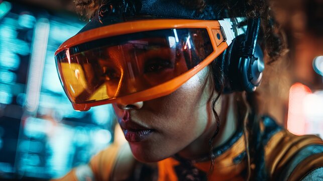 A person wearing futuristic orange goggles and headphones in a high-tech environment with a focused expression.