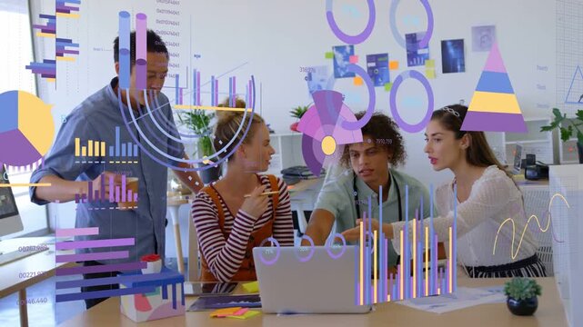 Team leaning around laptop, operator typing and starting chart overlays highlighting business data