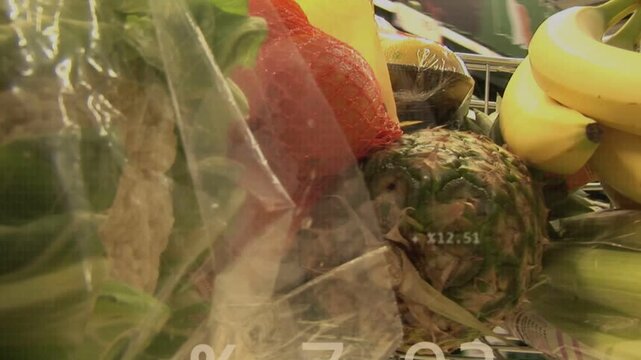 Store data feed starting, grocery overlays appearing over produce, animating charts tracking stock