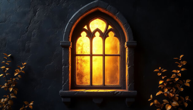 Yellow Light in Gothic Arch Window on Dark Wall Mysterious Architectural Detail