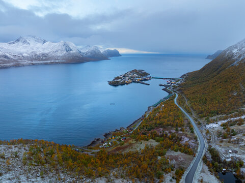 Aerial view of Husoy island village in a fjord surrounded by snow-capped mountains and autumn foliage on the hillsides Husoy, Troms, Norway.