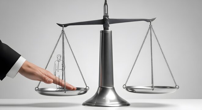 Hand adjusting a classic balance scale, justice concept
