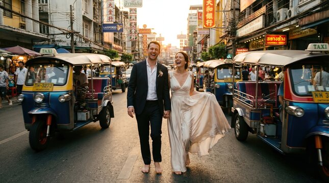 Happy newlywed bride and groom walking barefoot and laughing on a busy street in Bangkok, Thailand, surrounded by colorful tuk-tuks during golden hour sunset