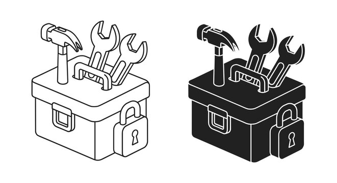 Toolbox icons, tool box, black and white, line art, construction tools, vector set