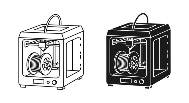 3D printer icons, industrial vector graphics, printing technology symbols, robotic manufacturing illustrations
