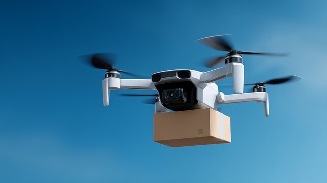 Modern white quadcopter carries cardboard package for delivery. Concept for future logistics, ecommerce, shipping. Clean composition, motion blur against vibrant blue sky. Minimalist technological