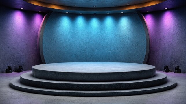 Three tiered circular platform illuminates an empty modern exhibition space with dramatic colored lighting