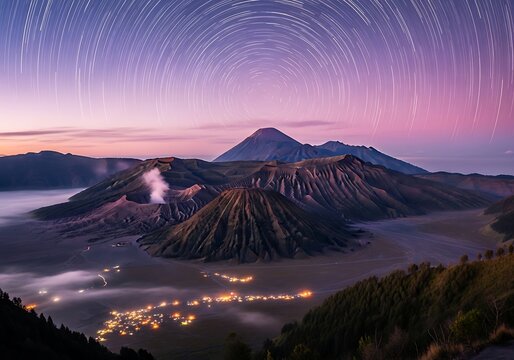 Mount Bromo and Semeru Volcanoes at Dawn with Star Trails