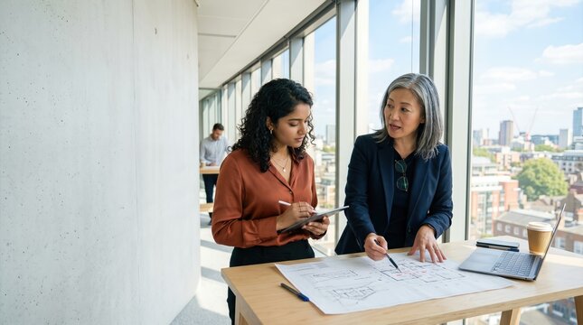 Professional Female Architects Discussing Building Plans in Modern Office with City View