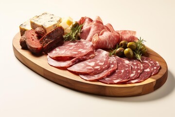 Fototapeta premium Wooden board with a selection of sliced salami, various cheeses, olives, and rosemary