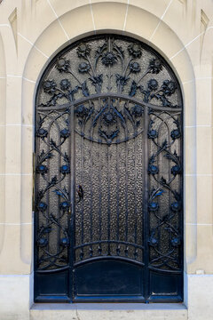 Black arched wrought iron door with decorative scrollwork