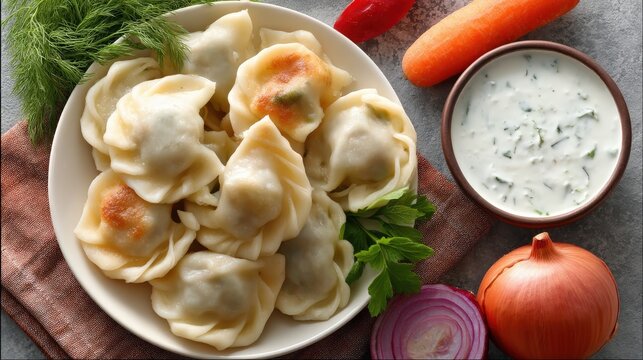 Gyoza ravioli are arranged on a ceramic plate. They are filled with eggplant, carrots, and onion. Mung bean pancakes sit in the background