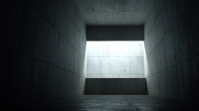 Stark concrete hallway recedes into bright rectangular opening illumination