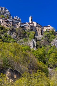 Roubion village overlooking mountains in Maritime Alps, France