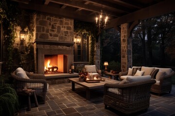 Obraz premium Stone patio featuring a warm fireplace, comfortable seating, and ambient lighting for relaxation