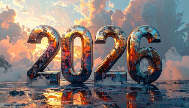 numero 2026 tridimensionale fatto di metallo vecchio, in ambiente di fantasia su superficie lineare, nuvole sullo sfondo con cielo al tramonto, concetto anno nuovo, illustrazione 3D