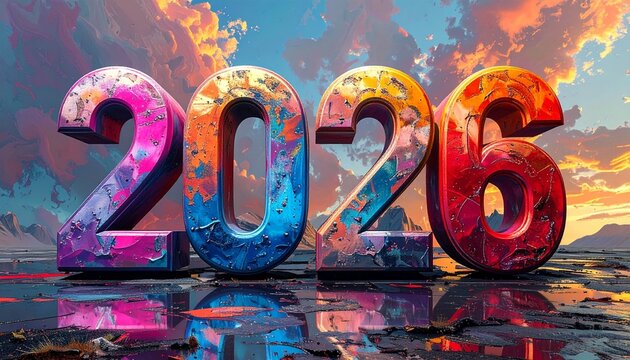 concetto di anno nuovo, anno 2026 con effetto tridimensionale e multicolore, su una superficie piana, con cielo nuvoloso e al tramonto