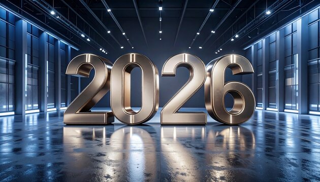 concetto di anno nuovo, anno 2026 in formato numerico e con effetto tridimensionale, dalle sfumature dorate, all'interno di una struttura di fantasia, in un'ampia sala con luci azzurre