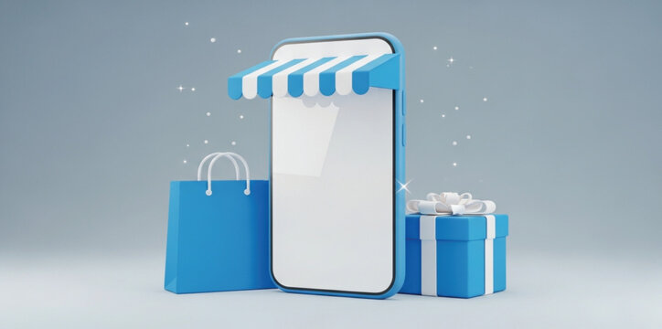 Online Mobile Shopping Store Concept with Blue Smartphone Storefront Awnings Gift Box and Paper Shopping Bag for E-commerce Retail Business and App Promotions