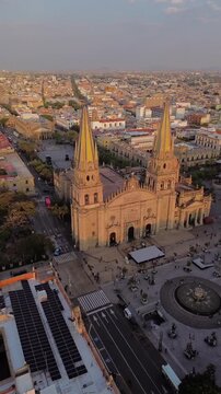 Aerial drone view of plaza and catherdral of Guadalajara, city of mexico