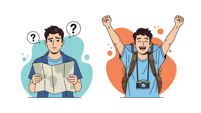 Contrast of two traveler poses showing a confused man with a map and a joyful man celebrating his journey.