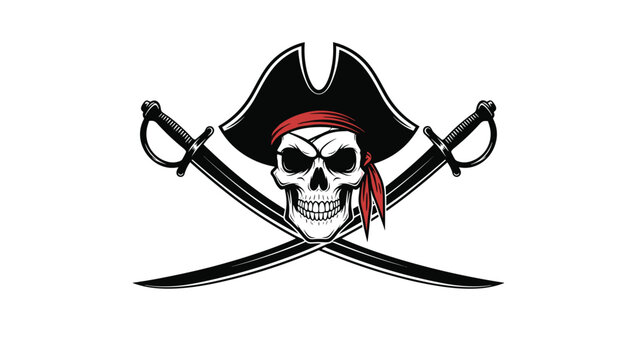 Classic pirate emblem features a human skull wearing a captain hat and red bandana with crossed cutlass swords.