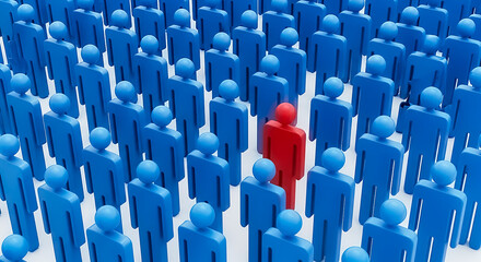 Fototapeta premium A large group of identical blue 3D human figures with one red figure highlighted, symbolizing individuality, leadership, or uniqueness in a crowd.
