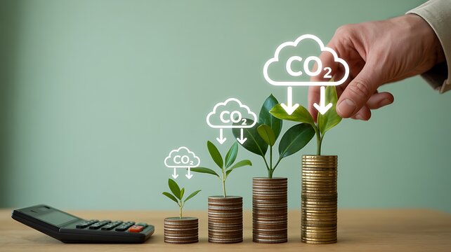 Environmental growth concept with coins stacks plants and carbon emission reduction icons