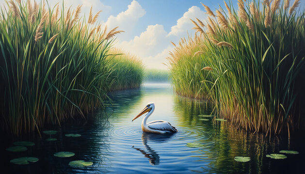 Digital Painting of Pelican in River Among Reeds for Wildlife Art Lovers and Nature Prints | Serine Wetland Concept