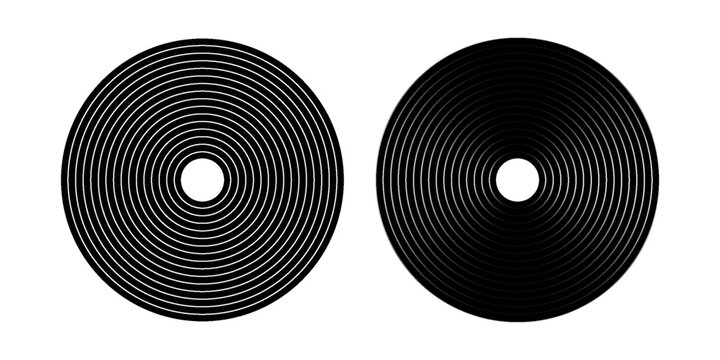 Black vinyl disc icons. Turntable LP or long play music records isolated on white background. DJ equipment for club techno party. 70s 80s 90d discotheque nostalgia design. Vector graphic illustration.