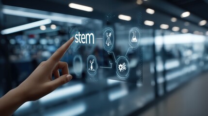 Fototapeta premium A hand touches the word stem on a screen surrounded by technology and education icons with data flowing in the background