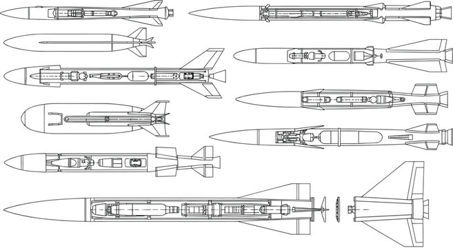 Missile and rocket blueprint collection with technical cutaway views and schematics, detailed vector illustration set for military, aerospace engineering and defense technology design