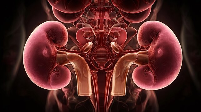 Human renal system anatomy showing two kidneys filtering blood, ureters transporting urine to the bladder, detailed 3d medical rendering for urology and health education