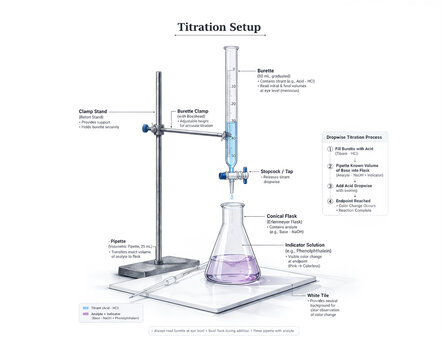 Laboratory Acid Base Titration Setup with Labeled Burette and Flask Illustration