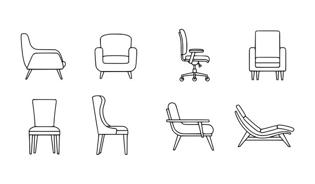 Geometric chair outline icon collection modern classic seating editable stroke vector illustration isolated on white background