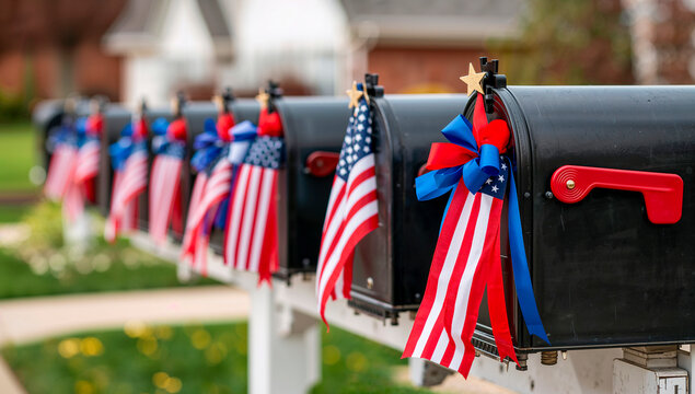 A row of residential mailboxes decorated with small American flags and patriotic red and blue ribbons, celebrating a national holiday.