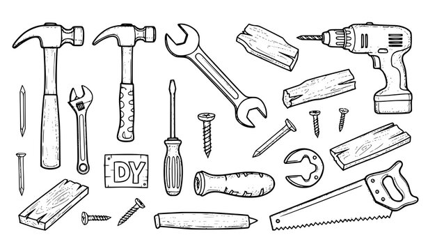 Hand drawn construction tools icon set hammer wrench drill DIY sketch vector collection isolated on white background