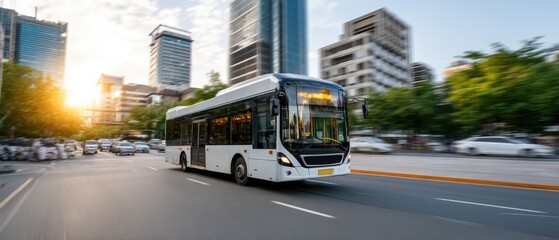 Obraz premium City bus moving through urban streets surrounded by tall buildings during sunset with motion blur effects and vibrant colors