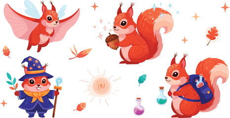 Cute cartoon squirrel characters set with fairy wings wizard hat acorn backpack magic potion adventure fantasy woodland animal sticker collection © Aminul