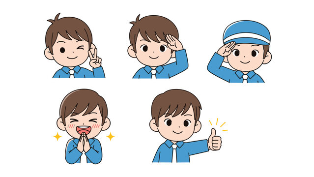 Collection of boy character illustrations with different emotions and gestures like saluting, giving a thumbs up, and winking.