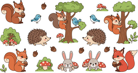 Cute cartoon woodland forest animals set with squirrel hedgehog rabbit fox bird tree mushroom acorn nature children illustration sticker collection © Aminul
