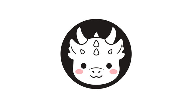 Stylized white dragon head with pink cheeks and small horns presented inside a solid black circle on a white background.