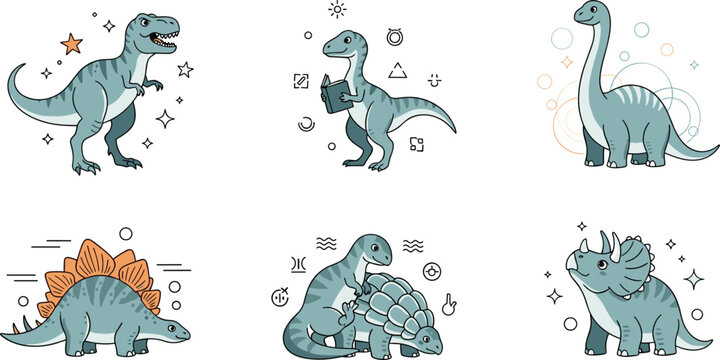 Cute kawaii dinosaur cartoon character set featuring T-rex, Brachiosaurus, Stegosaurus, Ankylosaurus, and Triceratops with geometric shapes and sparkles on white background