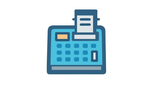 Stylized blue cash register illustration with paper receipt detail