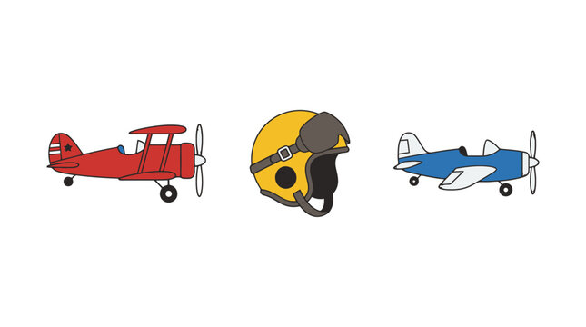 Set of cartoon style vintage aircraft and pilot helmet illustration.