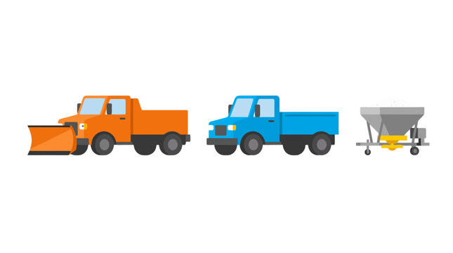 Vector illustration set of winter service vehicles including snowplow and salt spreader.